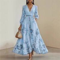 Women Fashion Floral Print Pleated Long Dresses Boho Summer Sexy Deep V Neck Long Sleeve Draped Casual Holiday Party Dress