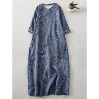 951 New Design Reformed Cheongsam For Women Chinese Style Vintage Flower Printed Half Sleeve Loose Casual Dresses Female Clothes