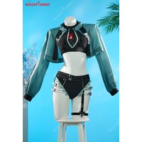 Miccostumes Women's Jane Doe Derivative Two-Piece Swimsuit Bikini Set Mesh Cutout Top and Tie Shorts with Chiffon Cover-up