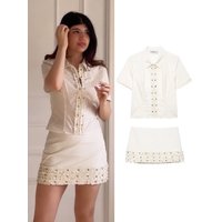 HH Woman Fashion Lapel Rivet Laminated Poplin Short Sleeves Shirt+Side Zipper Mini Skirt Casual Summer Solid Two Piece Set