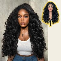 X-TRESS Black Color Synthetic Middle Part Lace Front Wigs Long Curly Hair for Women 22inch Fluffy Bouncy Hair Wig