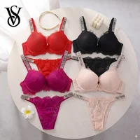 Victoria Secret Sehr Sexy Push-Up-BH mit Wimpern-Spitzenbesatz und Glänzender Schrift-String-Unterhose Valentinstags-Lingerie-Set