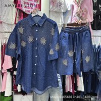 Heavy Industry Diamond Drills Sweatheart Loose Short-sleeved Denim Shirt Top + Elastic Waist Wide-leg Shorts 2pcs Suit For Women