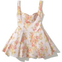 Sweet Pink Flower Print V Collar Sling Dress Women Corset Style Low Waist Folds Hem Ball Gown Swing Short Dresses Mini Tank Robe