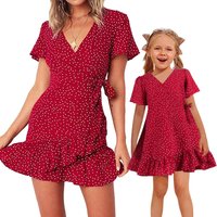 2025 Summer Holiday Wear Polka Dot Print Women Girls Matching Clothes Ruffles Trim Short Sleeve Mini Dress Beachwear Family Look