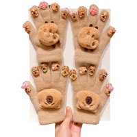 AliExpress NONE 2/4-Piece Capybara Gloves: Brown knit, warm, elastic cuffs. Skiing/cycling/daily—cold-weather essential.