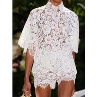 CPSYMYM Two Piece Set Women Outfit Summer Solid Color Polo-Neck Lace Perspective Top Casual Cropped Lace Daily Shorts Set