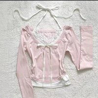 Pink Lace T shirt Women Clothes Kawaii Long Sleeves Bow Bandage Cute Tee Harajuku Slim Korea T Shirts Sweet Girl Crop Tops Emo