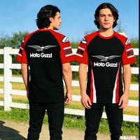 Trendy Men's Casual Motorcycle T-Shirt Streetwear Tops Stylish Moto Guzzi & Racing Stripes Design Breathable Short Sleeve Tee
