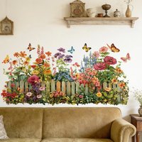 Colorful Flower Fence Wall Decals with Butterflies, Removable Waterproof Floral Stickers for Kitchen Bedroom Living Room Decor