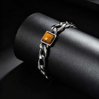 Square Tiger Eye Natural Stone Bracelet for Men, Adjustable Stainless Steel NK Chain Charm Bracelet, Fashion Jewelry Gift