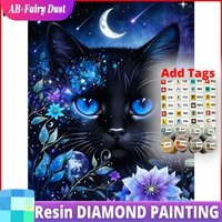 Resin AB Fairy Dust Full Square Round Diamond Painting Cat Moon Diamond Mosaic Animal Landsacape Complete Kit Decorative Paintin
