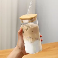 350ml Square Coffee Glass Cup With Lid and Straw Heat Resistant Ice Coffee Mug Breakfast Milk Cup Transparent Beer Cup Drinkware
