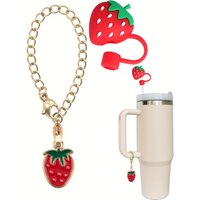 2set Silicone Fruit Straw Cover Cap With Chain Charm Strawberry Pineapple For Stanley Tumblers With Handle 8mm Drinking Straw