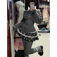 Japanese Vintage 2 Piece Set Women Preppy Rabbit Ear Overhead Waist Cinched Knitwear Sweater + Skirt Harajuku Sweet Chic Outfits