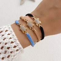Handmade Rhinestone Inlay Braided Rope Bracelet for Women Boho Metal Turtle Charm Woven Chain Summer Party Jewelry Fashion Gift