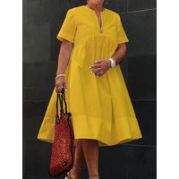 Women Short Sleeve V-Neck Pleated Midi Dresses 2026 New Loose Casual Minimalist Summer Cotton A-line Dress