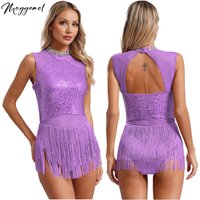 Womens Glittery Rhinestone Collar Fringed Leotard Mesh Patchwork Sequined Dance Dress Latin Tango Rumba Cha-Cha Samba Costume