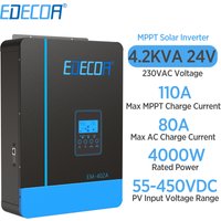 EDECOA 24V 4KW – hybrydowy falownik solarny, przetwornica 24V na 220V/230V, moc 4000W, zakres napięcia wejściowego 55-450V, regulator ładowania MPPT 110A, falownik generujący czystą sinusoidę,