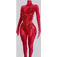 Showgirl Costume See-through Glitter Red Rhinestone Jumpsuits Sequins Stage Club Wear Dance Performance Party Gogo Outfit Drag
