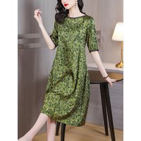 Women Green Floral Silk Satin Midi Dress Summer Fashion Short Sleeve Loose Waist Dress 2024 Korean Vintage Luxury Elegant Dress
