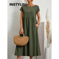 Vintage Solide Midi Kleid Casual Kurzarm Baumwolle und Leinen Harajuku Übergroßen Langes Kleid Frauen Sommer Y2K Maxi Sommerkleid 2023