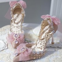 Handmade Sweet Lolita Sandals Bows Rhinestones Pointed Toe Bow Ankle Strap Buckle Pink Dress Wedding Shoes High Heel for Women