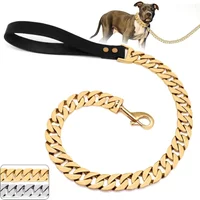 Stainless Steel Dog Leash Pet Lead Traction Super Strong Gold Collar Chain 32mm 19mm Bulldog Pitbull Large Dog Collar Leash