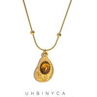 Fashion Natural Tiger's-eye Stone Water Droplet Pendant Necklace Stainless Steel Choker Women 18K PVD Plated Waterproof Jewelry