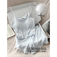Blue Striped Sleepwear Women's Style Summer Sweet High-End Feel Pad Bralette Outerwear Thin Modal Fabric Short Sleeve Nightgown