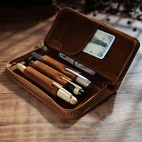 3 Slots Fountain Pens Oval Zippered Pencil Pouch Vintage Leather Pen Case for Fountain Pens Office School Supplies