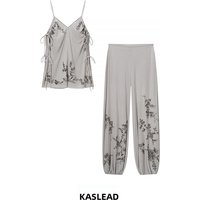KASLEAD New Women's Fashion Simple Embroidery Beads Casual Long Pants Set Strap Top Summer Season Two-Piece Suit Plant Floral...