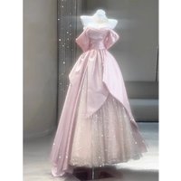 Pink Long Wedding Dress Women Light Luxury Satin Tulle Pleated Off Shoulder Prom Gown Floor Length A-line Evening Party Vestido