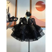 Black Girl Dress Glitter Puffy Black Flower Girl Dress Layers Long-Sleeve Short Girl Princess Gown Child Birthday Dresses Dress
