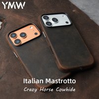 YMW Italian Crazy Horse Genuine Leather Case for iPhone 17 16 Pro Max 15 14 Personality Cowhide Magnetic Phone Cover