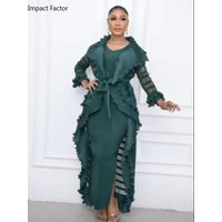 2024 Miyake Pleated Set Fashion High End New V-neck Tank Top+Wood Ear Edge Mesh Cloak Coat