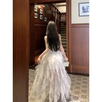 Elegant Unique V-Neck Gathered Waist Tulle Strap Dress Small Size Fairy Dress Summer High Waist A-Line Skirt No Sleeve