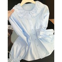 Sweet Cute Blue Shirt Women Lace Patchwork Peter Pan Collar Kawaii Blouse Spring Japan Preppy Style Long Sleeve Vintage Tops New