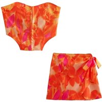 Women Fashion Front Metal Hooks Printed Bustier Tops And High Waist With Bow Tied Mini Skirt Female Two Piece Sets Mujer