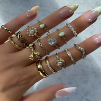 15pcs/Set Fashion Gold Rings With Bow, Flower, Leaf And Faux Pearl Designs, Suitable For Women's Daily Wear Jewelry Accessories