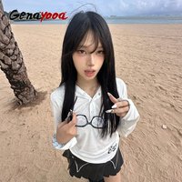 Genayooa American Retro T-shirt Women Hooded Print Graphic Tops Y2k Vintage Tops Streetwear Japanese 2000s Grunge Tops E-girls