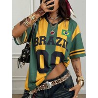 Fashion Y2K Brazil Style Jersey Green & Yellow Striped Print Loose V-Neck T-Shirt Streetwear Style Women Sporty Stylish T Shirt