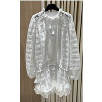 Vintage ethnic style hollowed out floral lace patchwork white dress elegant lace up long sleeved shirt and pleated shorts