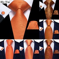 Solid Striped Orange Wedding Tie For Men Hi-Tie Designer Handky Cufflink Gift Mens Necktie Fashion Business Party Dropship