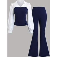 plus Size Chiffon Top And Striped Flared Pants Two-Piece Set for Girls Casual Fashionable Spring Autumn Wear