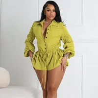 Doyerl Casual Playsuits Woman Jumpsuit Shorts Long Sleeve Single Breasted Turn-down Collar Drawstring Waist One Pieces Overalls