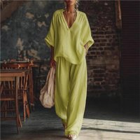 Fashion V-neck Short-sleeved Loose Top Women's Suit Summer New Casual Retro Female Vacation Lazy Trousers 2-piece Set 2026