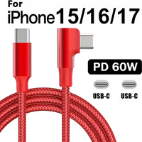 90° Elbow PD 60W Dual USB-C Fast Charge Cable For iPhone 15 16 17 Pro Max Samsung Xiaomi Huawei Redmi Honor Type C Braided Cable