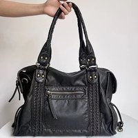 2025 Women's Casual Washed Leather Shoulder Bag Soft Leather Vintage Motorcycle Bag Crossbody Bag Handbag Tote Bag Black White