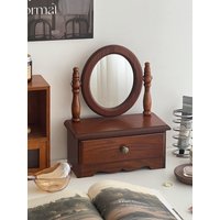 Retro Wood Rotating Mirror Desktop Makeup Desk Drawer Mounted Full Length Stand Mirror Vintage Style Bedroom Decor